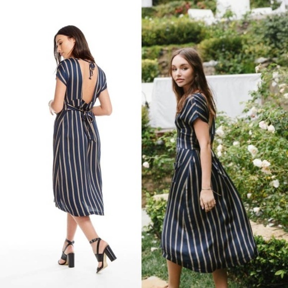 Chaser NWT Silky Basic Button Front Cap Sleeve Open Back Midi Dress Blue Small - Picture 1 of 7